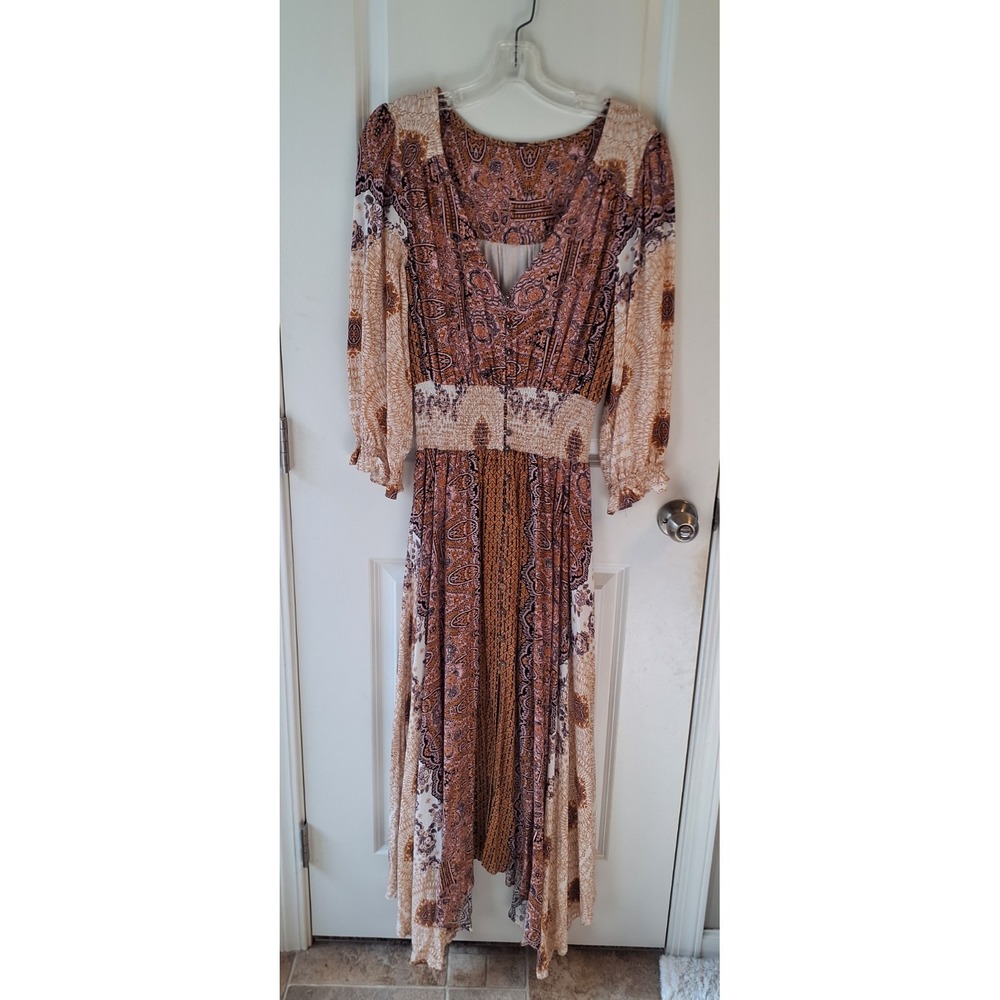 Free People Boho Maxi Dress Women Brown Paisley Long Sleeve Smocked Festiv